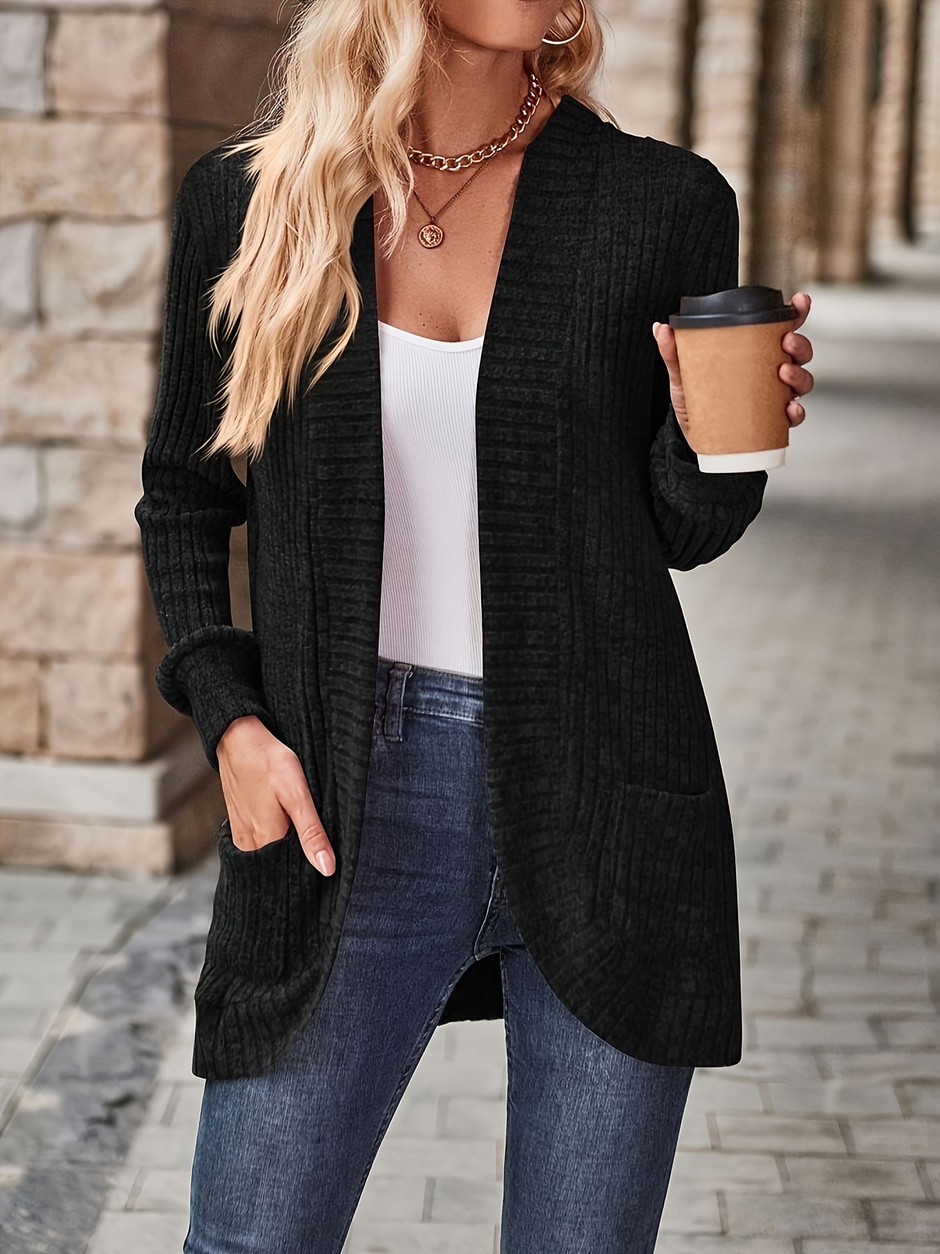 Street-Wave Women's Knit Fleece Cardigan With Pockets, Cozy Warm Comfort For Everyday Wear