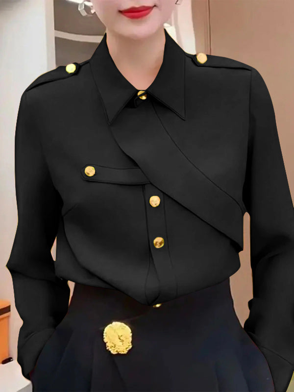 Street Wave Women Wrap Blouse Versatile Comfortable Top With Gold Button Accents