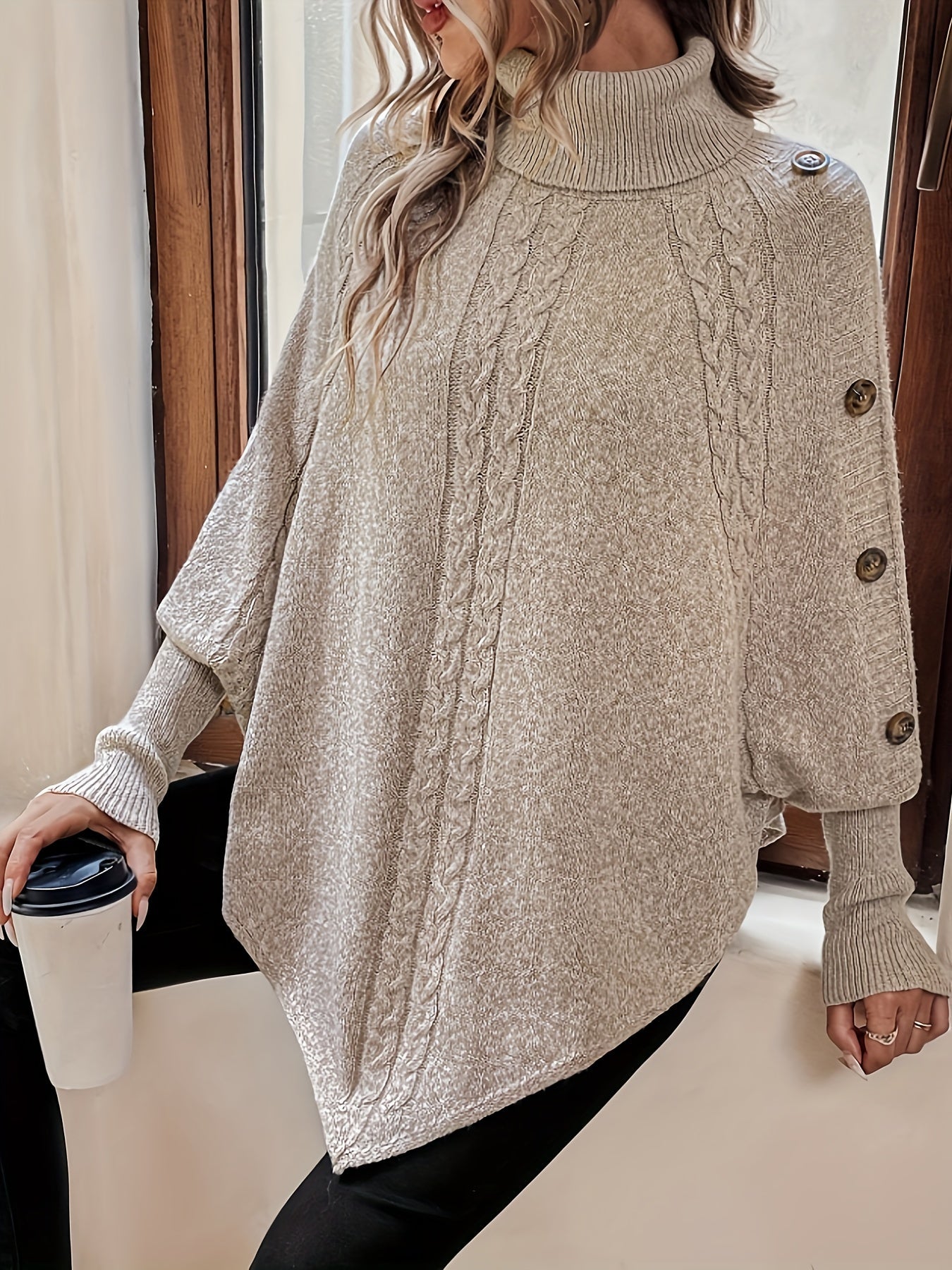 Street-wave Acrylic Poncho Sweater With Buttons Elegant Cozy Knit For Busy Women