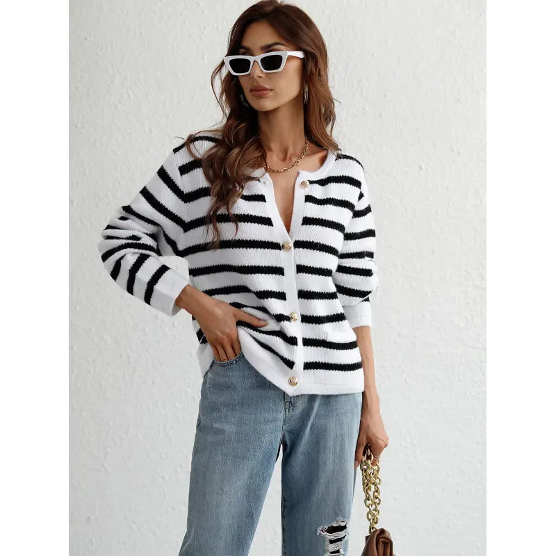 Street-wave Striped Knit Cardigan With Button Closure And Pockets For Women Cozy Warm Everyday