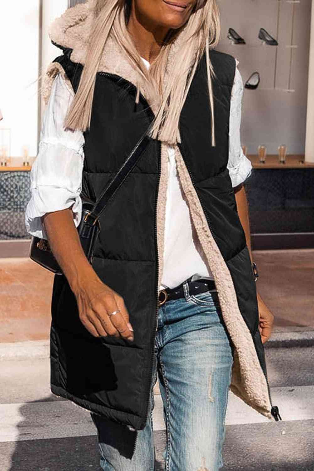 Street Wave Zip Up Longline Puffer Vest Hooded For Women Plush Lining Warmth Winter Ready