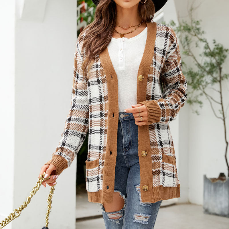 Street Wave Plaid Cardigan For Women Cozy Cotton Acrylic Knit With Pockets Button Front
