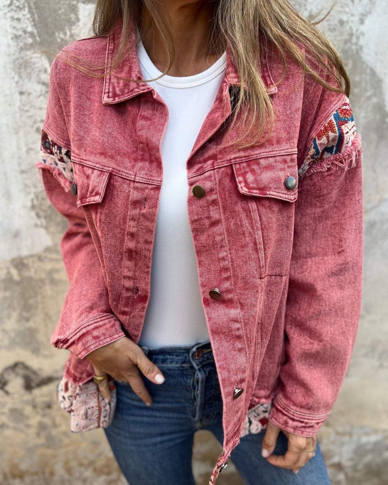 Street-Wave Denim Patchwork Jacket For Women, Soft Cozy Casual Streetwear With Frayed Hem