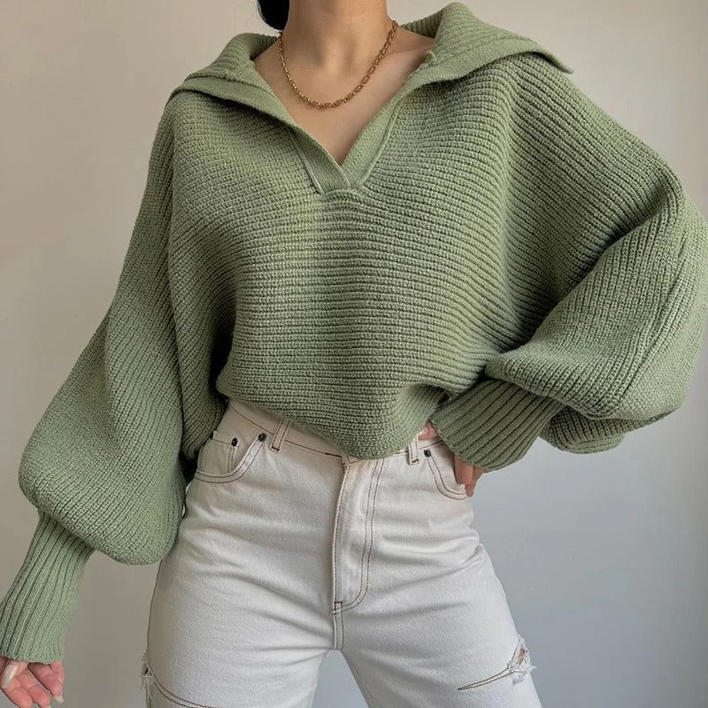 Street Wave Lantern Sleeve Knit Pullover With Open Collar For Women Casual Chic Everyday Wear