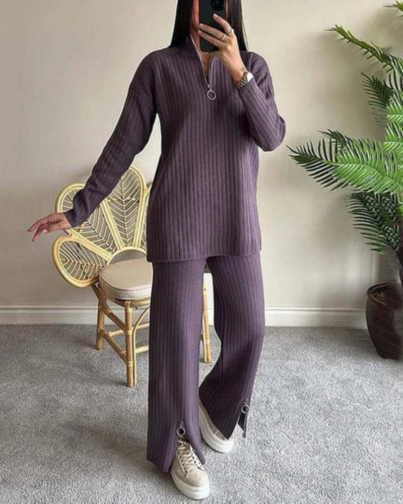 Street-wave Knit Set Cozy Zip Front Loungewear for Women That Delivers Effortless Style and Comfort