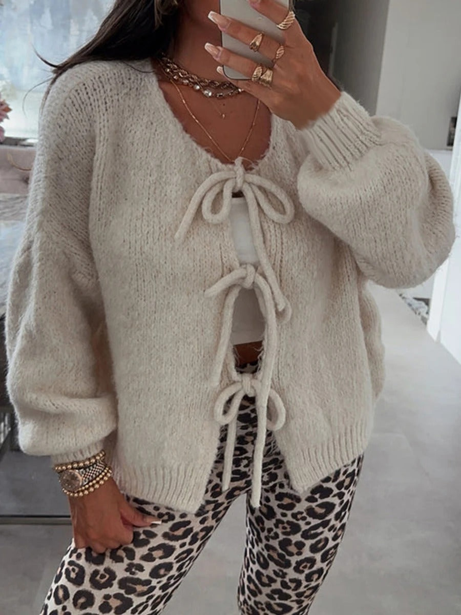 Street-Wave Soft Pink Knit Cardigan With Tie Front Bow, Cozy Warm Womens Sweater
