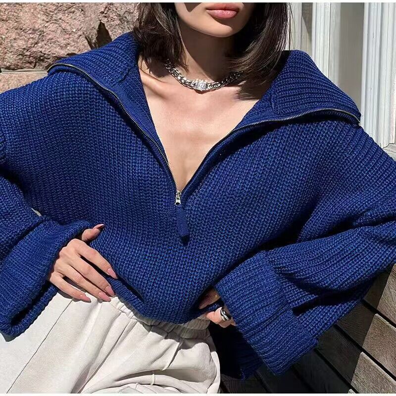 Street Wave Zip Rib Knit Pullover For Women Soft Warmth With Casual Elegance And Everyday Comfort