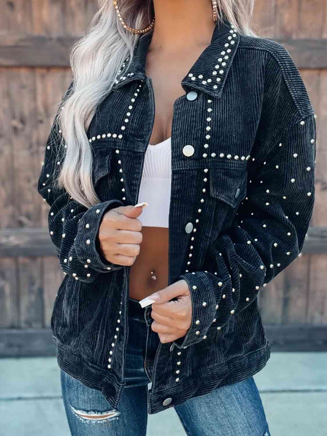 Street-Wave Studded Corduroy Shirt Jacket For Women With Pearl Detail Urban Chic Layering