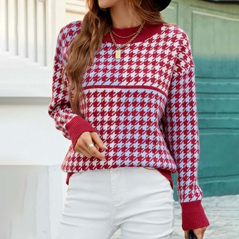 Street-wave Houndstooth Acrylic Knit Cardigan For Women - Classic Cozy Everyday Top