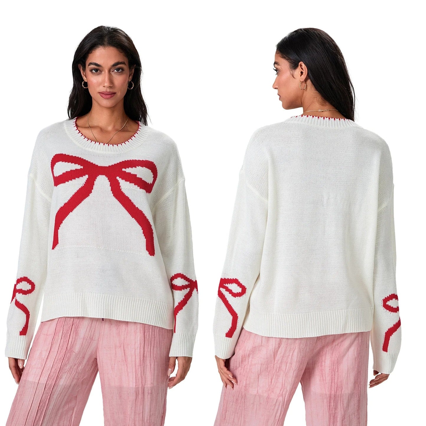 Streetwave Bow Knit Sweater For Women Festive Design Cozy Warmth Soft Winter Knit Gift Idea
