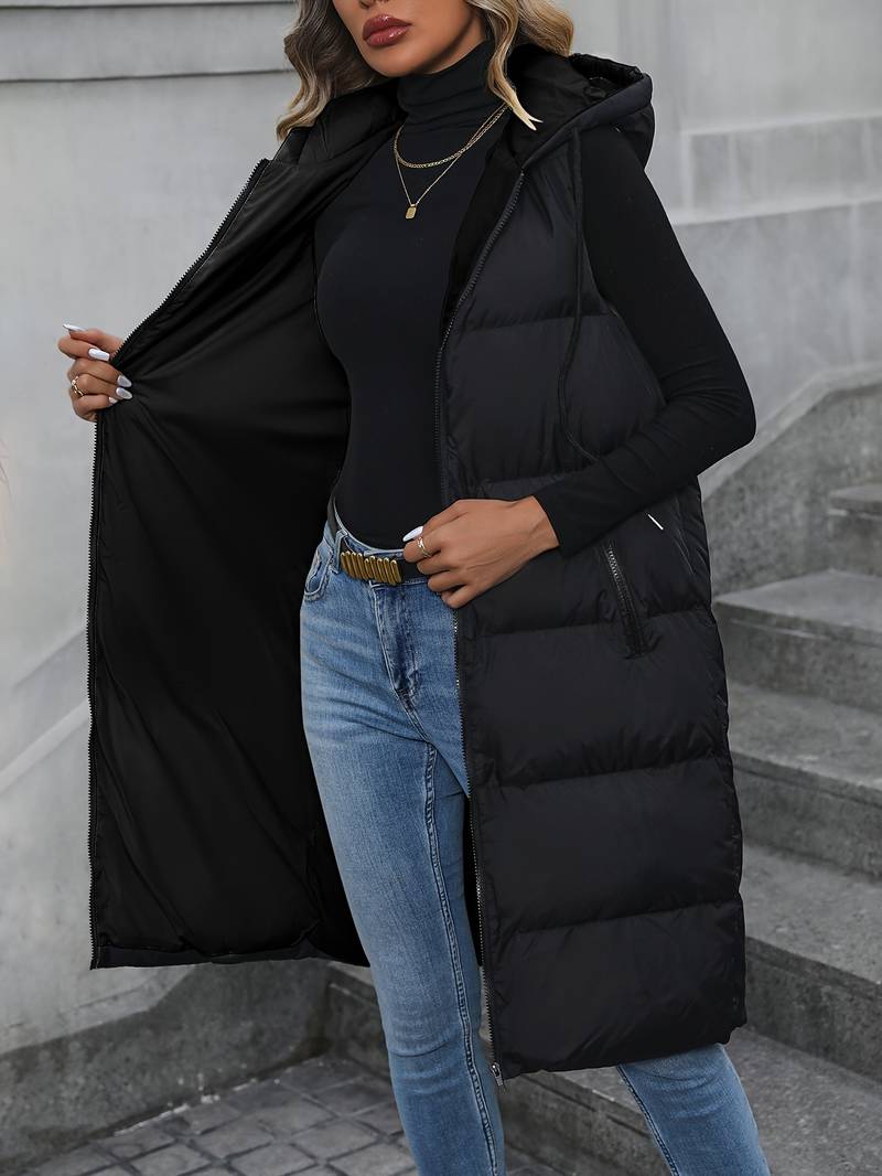 Street-wave Long Hooded Puffer Vest For Women With Zip Front Ultra Warm And Cozy Winter Layer