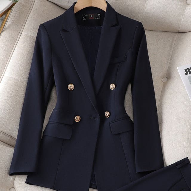Street-wave Elegant Two-Piece Women's Suit With Double-Breasted Jacket And Matching Trousers, Chic Officewear