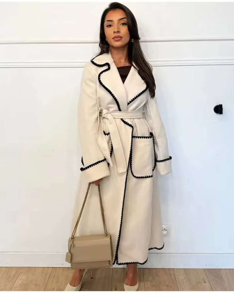 Street-wave Elegant Long Coat For Women With White Piping Luxurious Tailored Fit