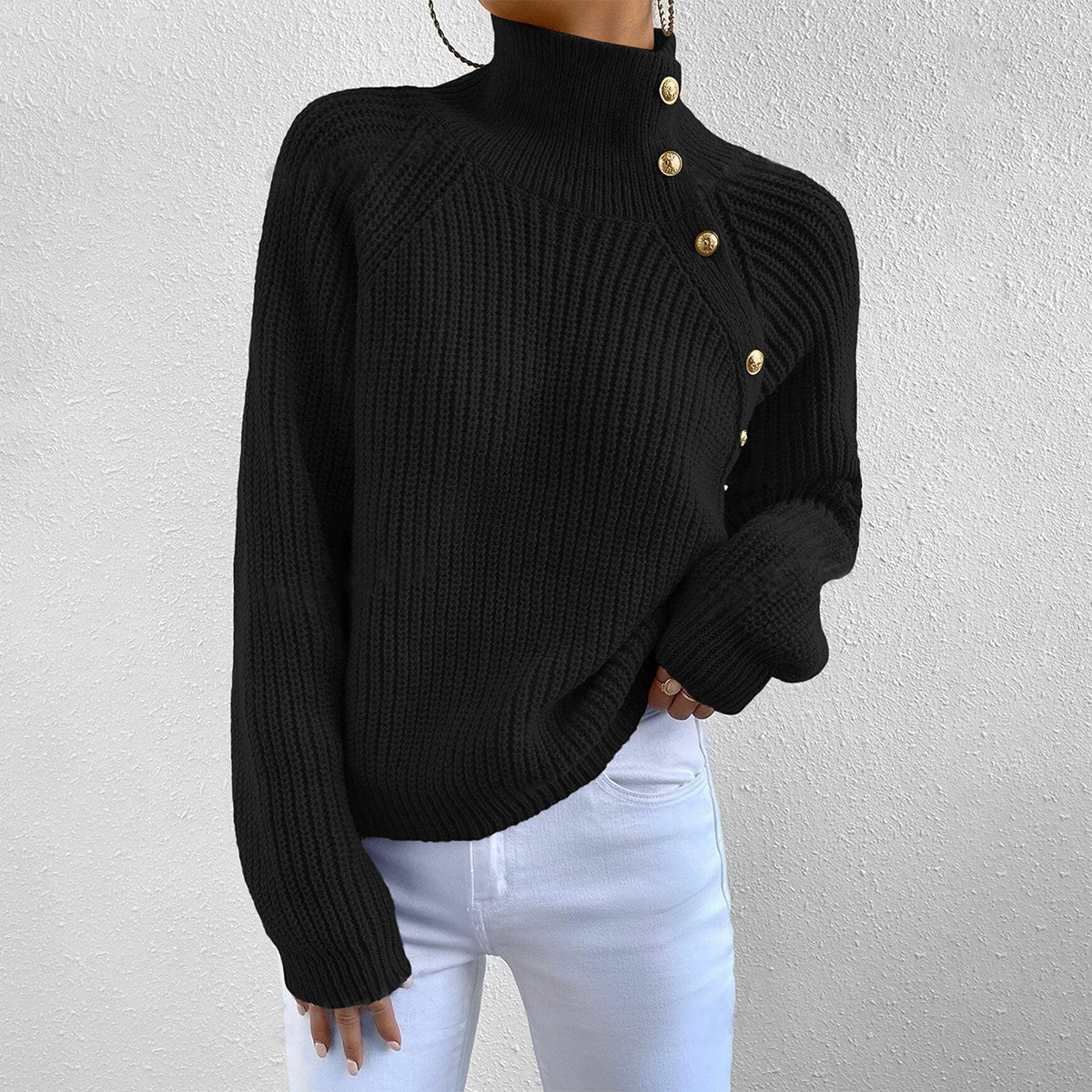 Street-wave Wool Blend Knit Pullover for Modern Women High Collar with Gold Button Details Elegant and Warm