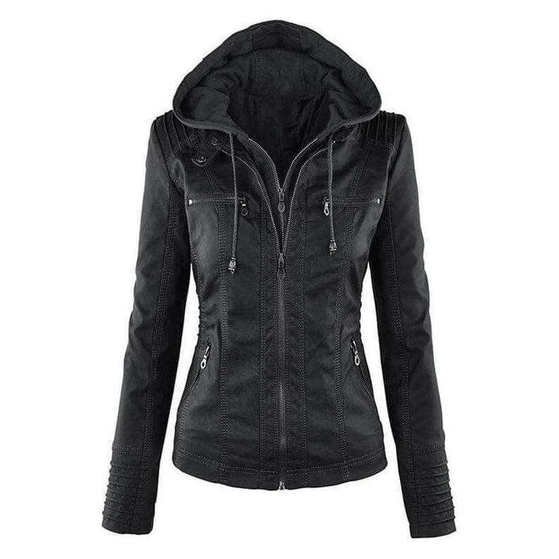 Street-wave Womens Slim Fit PU Leather Zip Up Hoodie Hooded Chic Versatile Outerwear