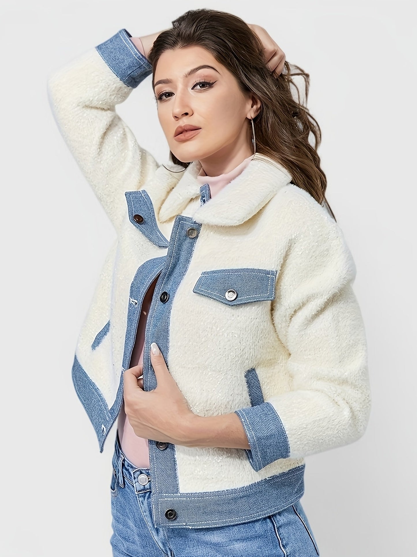 Street-Wave Teddy Denim Jacket For Women With Soft Faux Shearling Lining And Denim Details