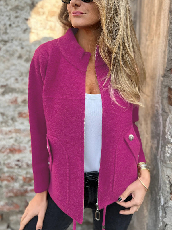 Street Wave Fleece Jacket With Structured Stand Collar For Urban Fashion Lovers Everywhere