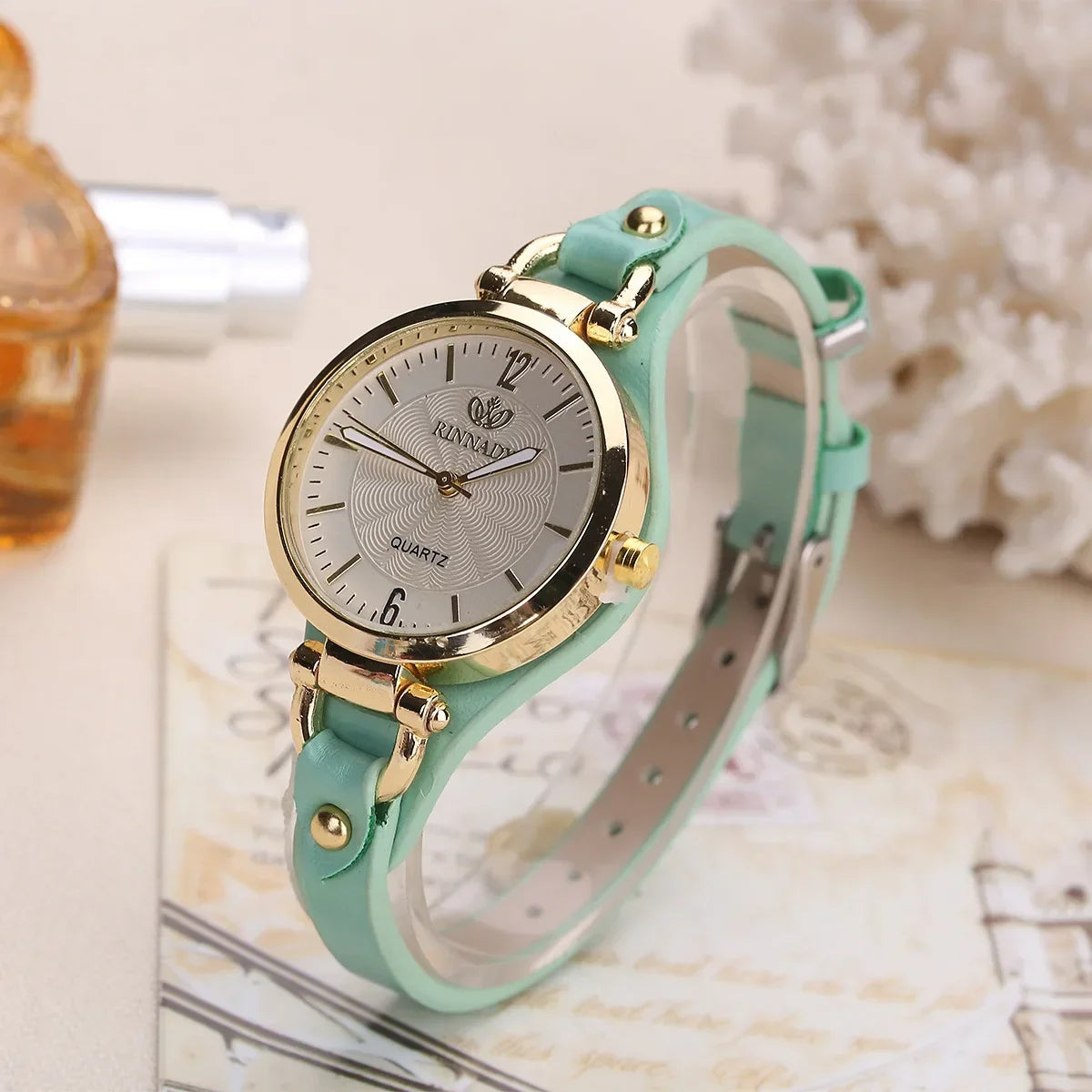 Street Wave Sophie Elegant Vegan Leather Watch For Her With Gold Steel Case