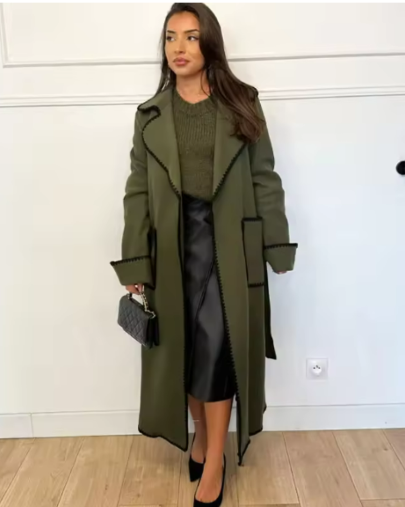 Street-wave Long Coat For Women With Belted Silhouette And Elegant Black Trim For Luxe Style
