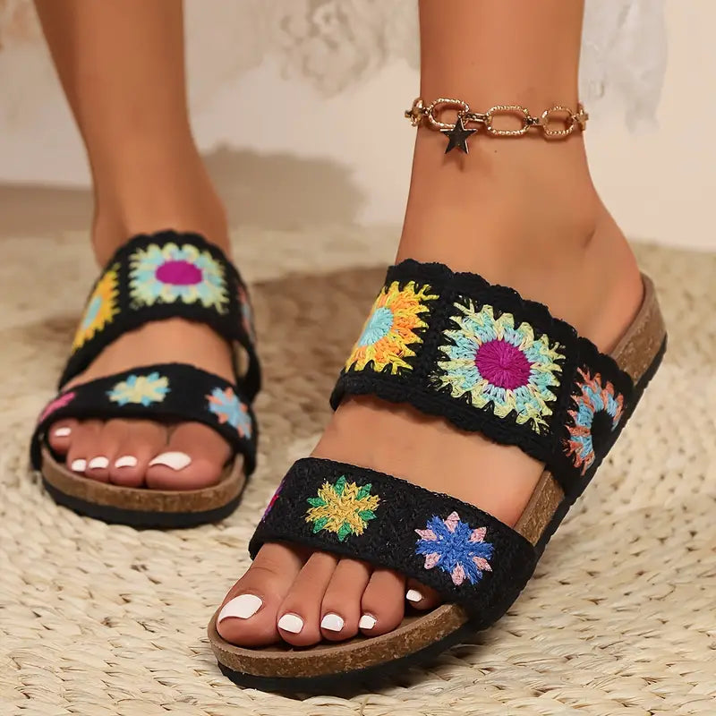 Street-Wave Women Crochet Slide Sandals Agatha Flat Summer Shoes With Colorful Flower Motifs And All Day Comfort