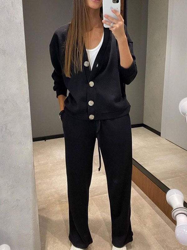 Street-wave V-Neck Knit Set For Women Ultra Cozy Comfortable All-Day Loungewear With Relaxed Fit