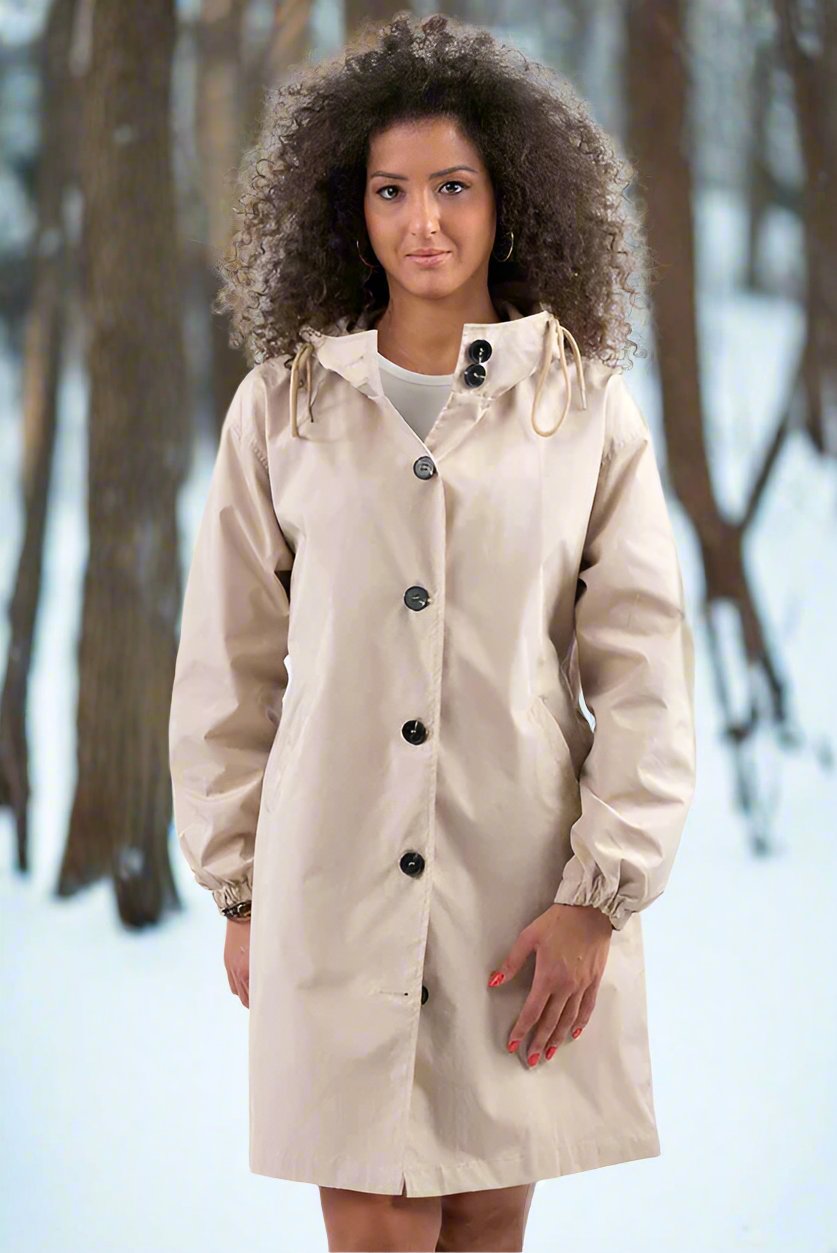 Street-wave Knee-Length Raincoat For Women With Adjustable Hood And Button Closure