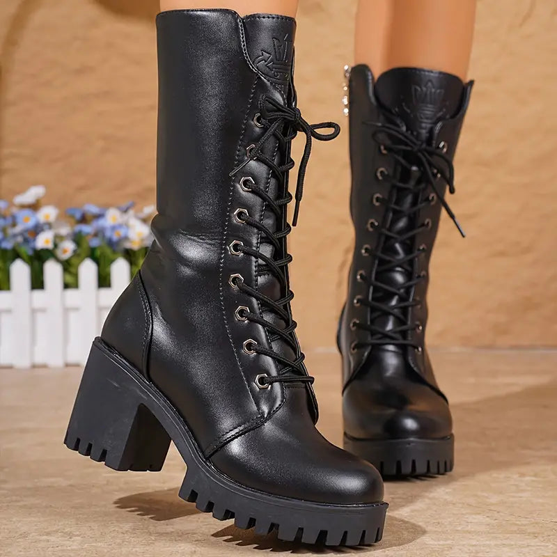 Street Wave Vegan Leather Boots For Women With Zip And Lace Up Durable Chunky Heel All Day Comfort