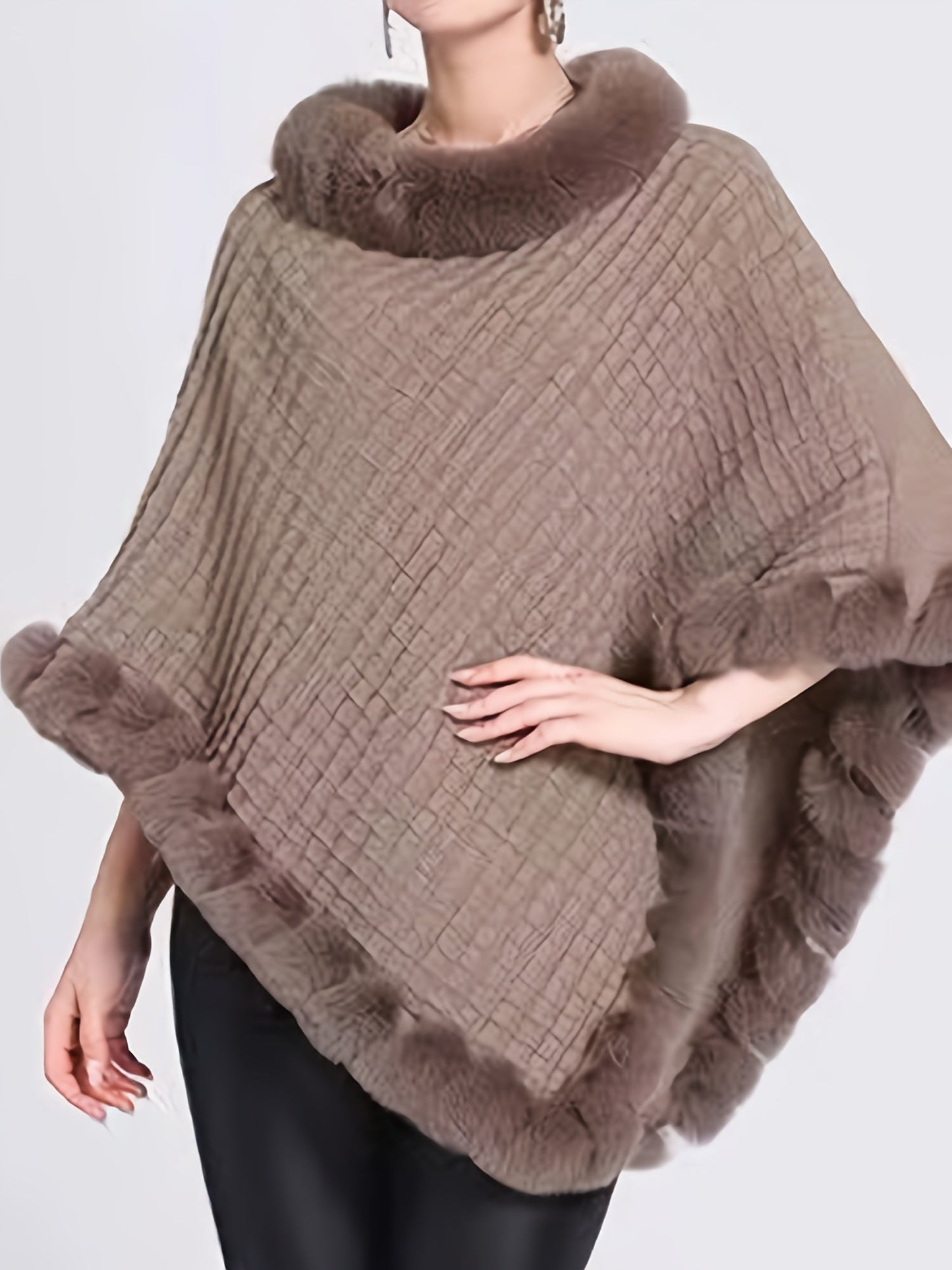 Street-wave Faux Fur Trim Poncho In Acrylic Knit With Luxurious Texture Elegant Warm Layer For Women