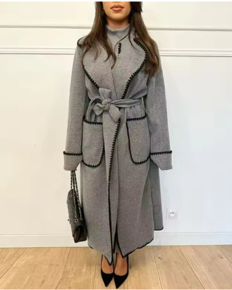 Street-wave Long Coat For Women With Belted Silhouette And Elegant Black Trim For Luxe Style