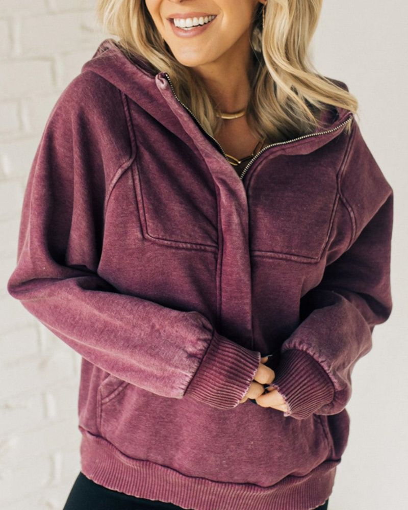 Street-Wave Zip Henley Acid Wash Fleece Hoodie For Women - Cozy Warmth, Effortless Style