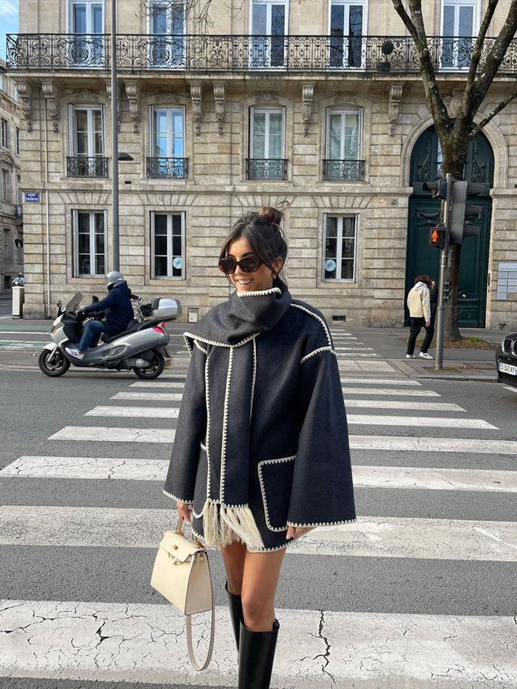 Street Wave Poncho Coat Wool Blend Warmth With Oversized Fit High Collar Three Quarter Sleeves For Women