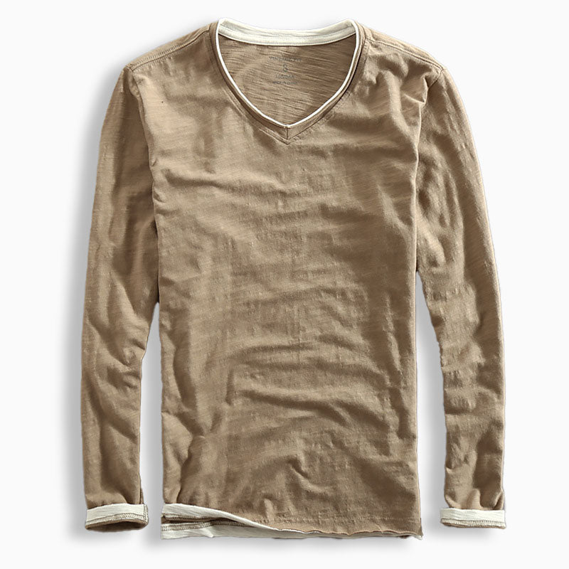 Street-Wave Men Slim Fit Long Sleeve V Neck T Shirt With Contrast Trim Navy Slub Texture