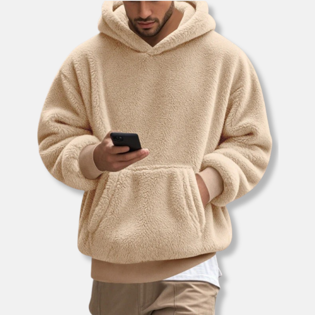 Men's Fleece Hoodie with Hooded V-Neck, Kangaroo Pocket, Hip Length, Relaxed Fit for Casual Comfort