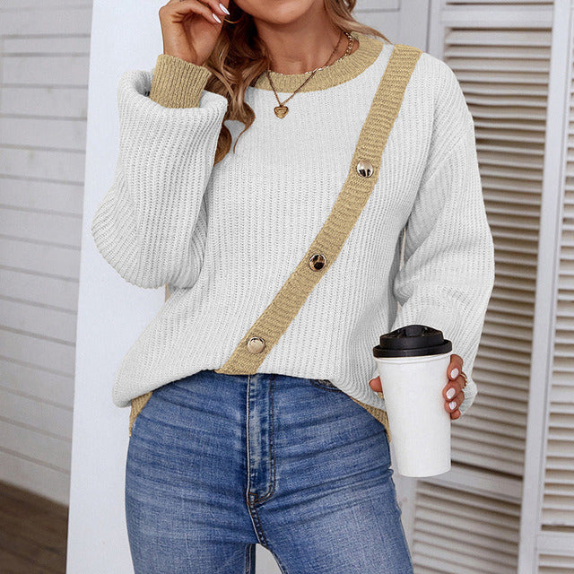 Street-Wave Womens Contrast Knit Pullover Cozy Cotton Acrylic Blend With Balloon Sleeves And Button Trim