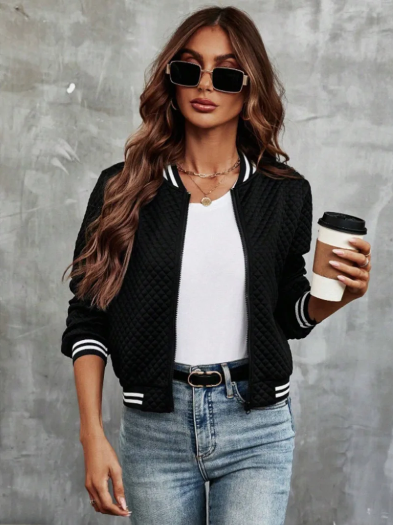 Street-Wave Quilted Bomber Jacket For Women Lightweight Breathable Fabric With Striped Details