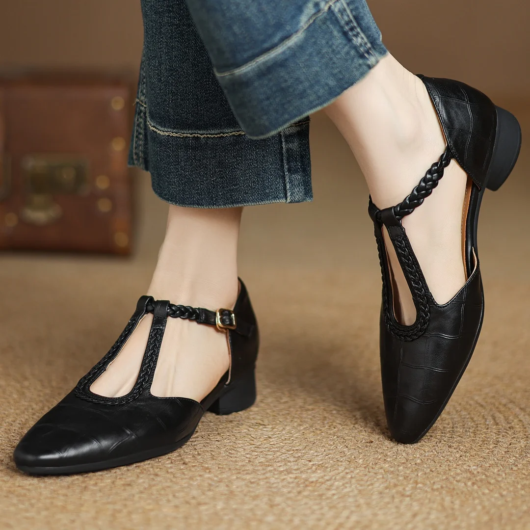 Women's Leather T-Strap Mary Jane Flats Pointed Toe Flat