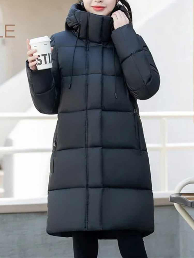 Street-Wave Khaki Puffer Jacket With Hood And Full Zip For Women Warmth And Timeless Style