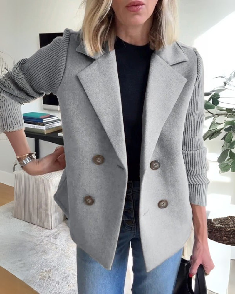 Street Wave Beige Double Breasted Blazer With Knit Sleeves For Casual Chic Women
