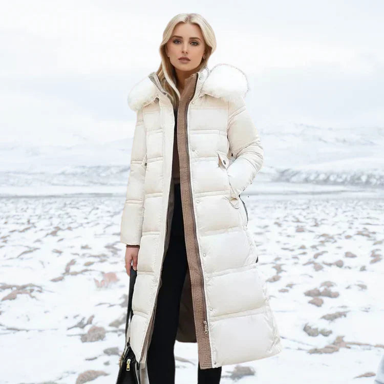 Street-Wave Long Puffer Coat With Fur Collar Belted Slim-Fit Luxurious Winter Outerwear For Women