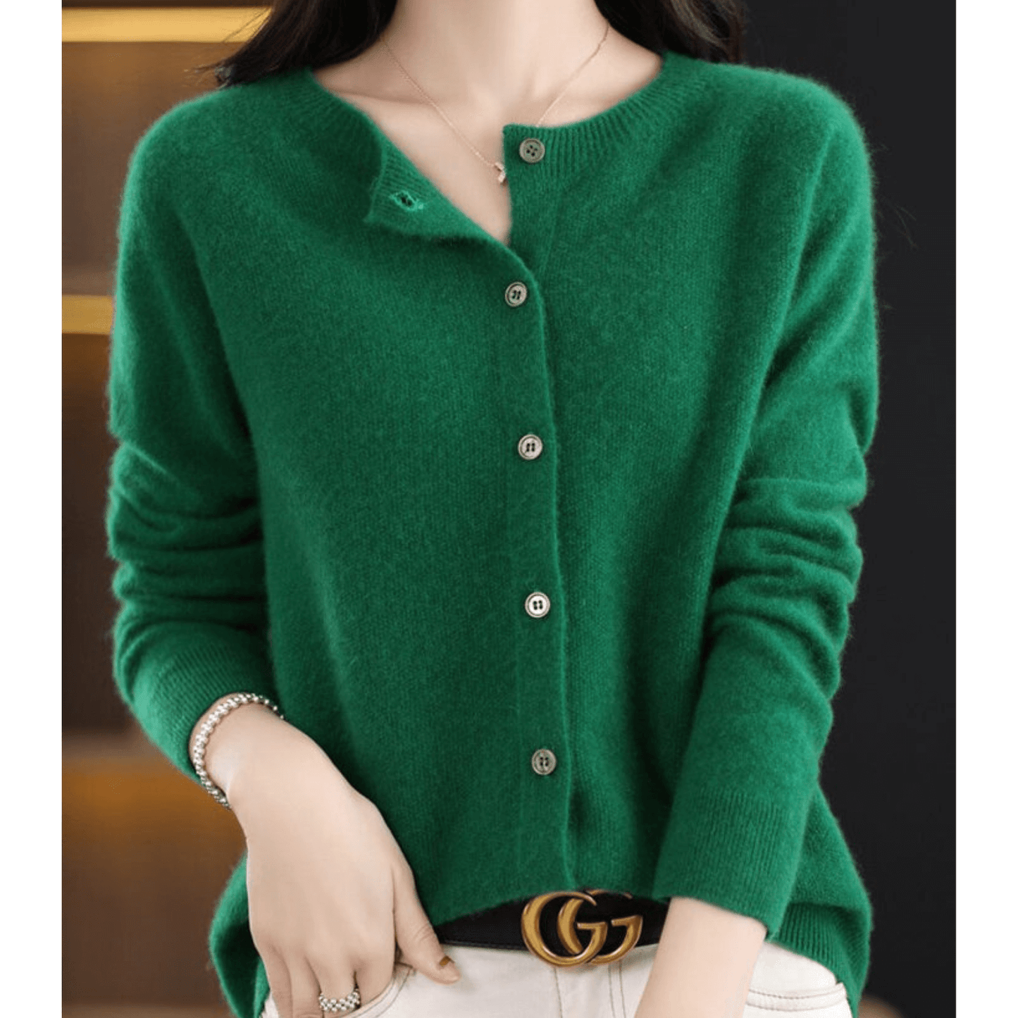Street-Wave Womens Fine Knit Cardigan Crew Neck Soft CashmereFeel Merino Wool Blend Cozy Warm Essential