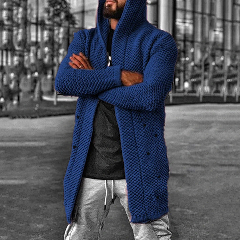 Street-wave Hooded Knitted Cardigan For Men Cozy Modern Everyday Layer With Structured Texture