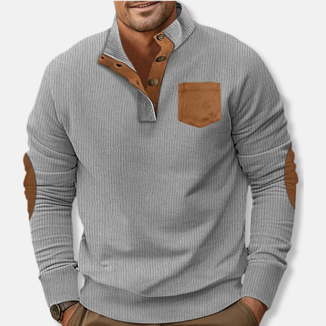 Men's Ribbed Knit Sweatshirt With Stand Collar And Contrast Elbow Patches For Everyday Wear