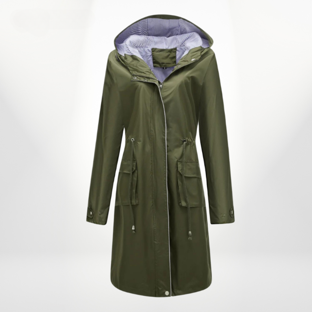 Street Wave Waterproof Hooded Knee Length Trench Coat For Women With Pockets All Weather Effortless Style