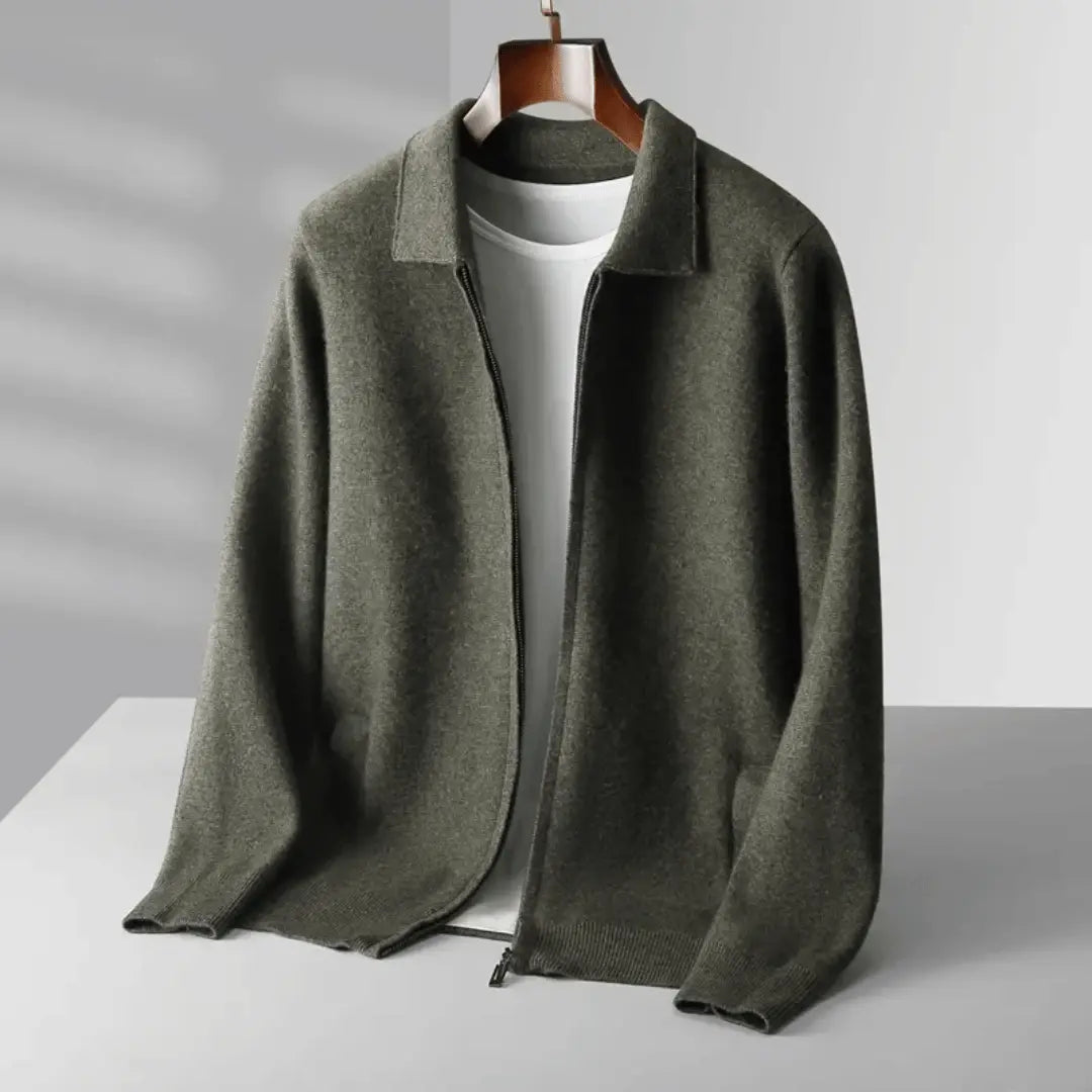 Emiliano Wool Zip Front Cardigan For Men With Relaxed Fit Collared Design And Long Sleeves