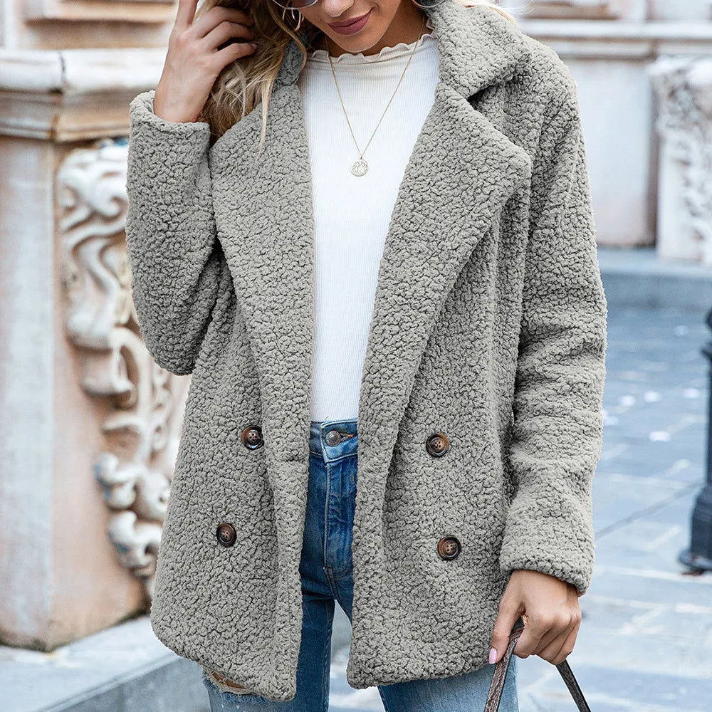 Street-wave Teddy Coat Double-Breasted Warmth For Women With Timeless Silhouette Everyday Ready