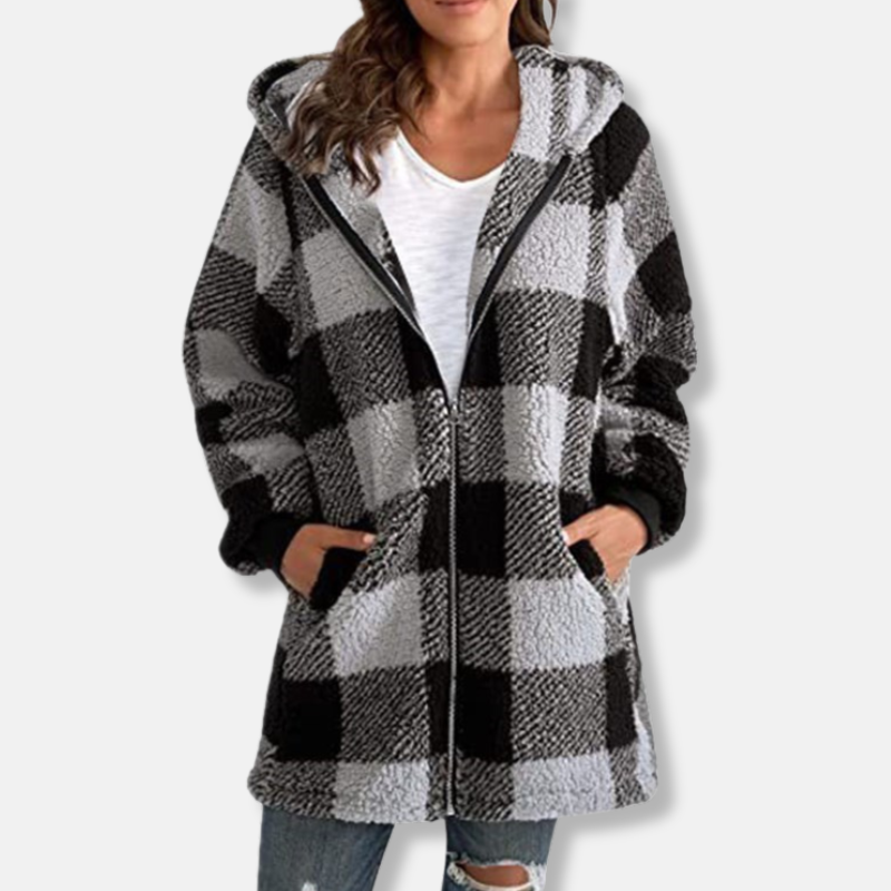 Street-Wave Women's Oversize Hoodie With Soft Knit Plaid Check Pattern Zip Hoodie