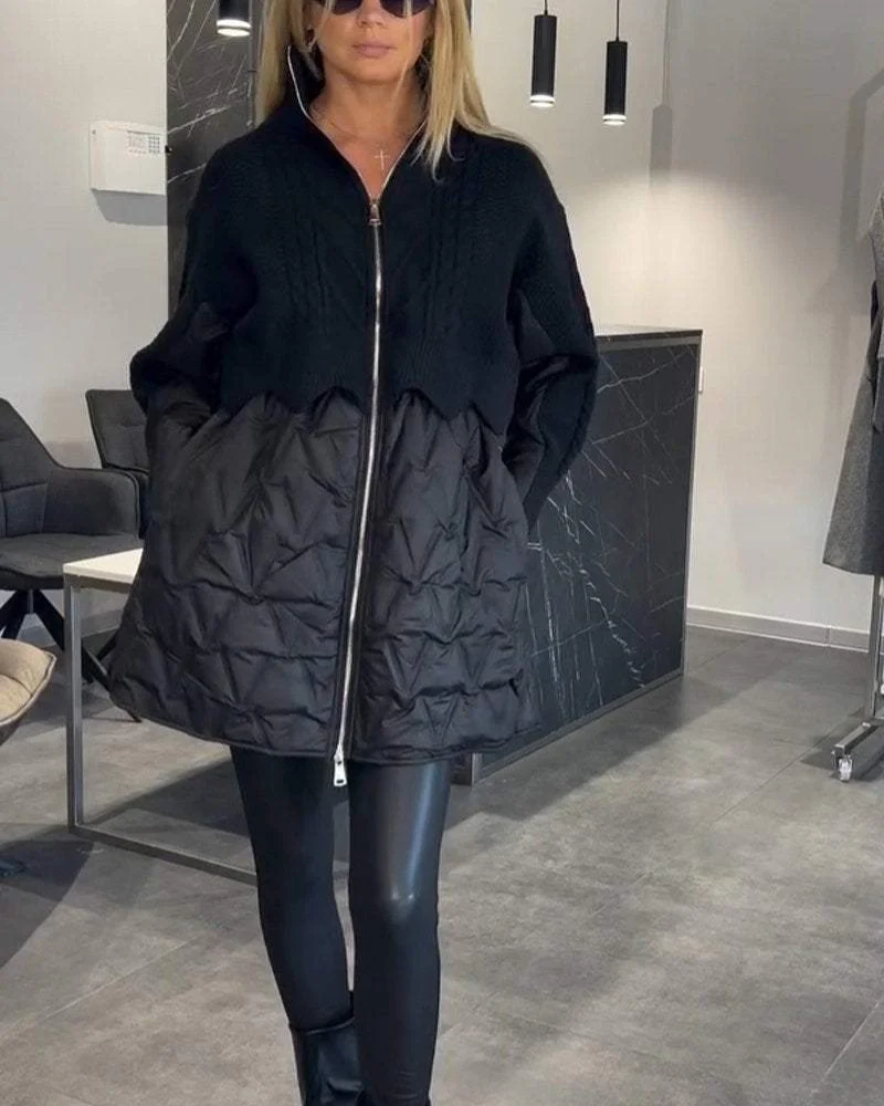 Street-Wave Patchwork Knit Jacket With Quilted Hem For Women Warm And Stylish Outerwear