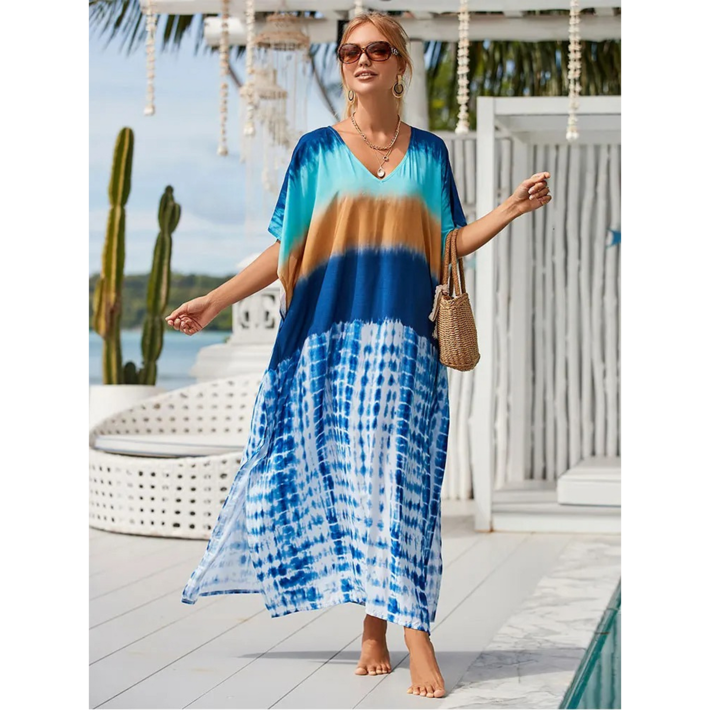 Street Wave Womens Kaftan Light and Airy Loose Fit V Neck Beach Cover Up