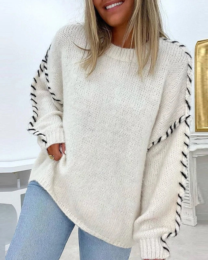 Street-Wave Boho Knit Sweater For Women Warm Cozy Oversized Pullover With Black Thread Detailing