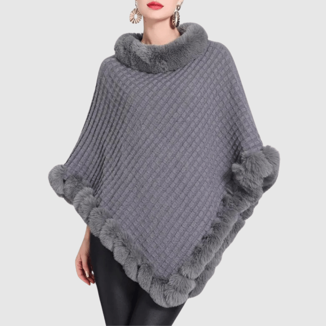Street-Wave Soft Woven Poncho With Plush Fur Trim For Women Cozy Warmth And Elegant Knit Style